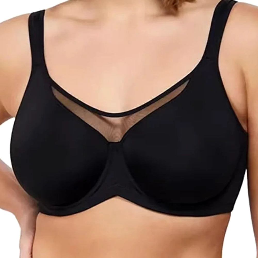 Close-up of Lovelle Skin Support in black: high mesh panel at the centre front, smooth cups and wide straps