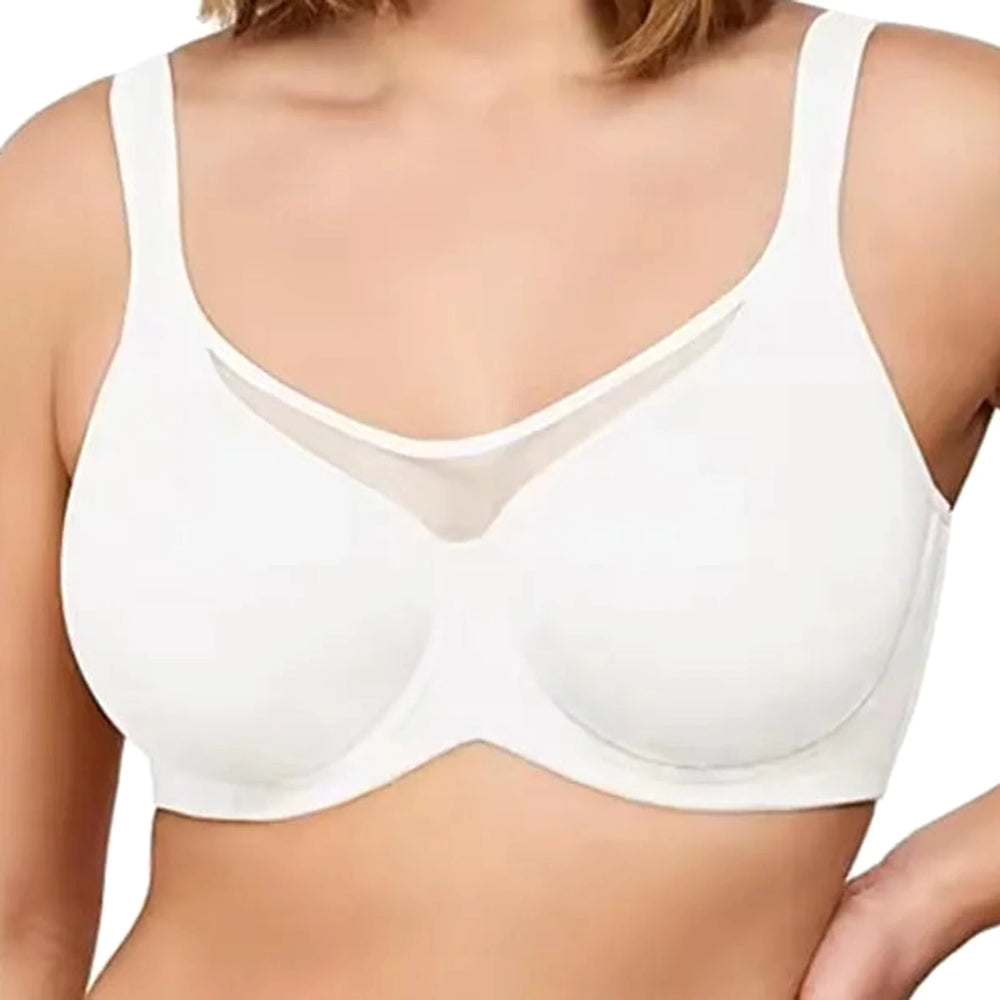 Close-up of Lovelle Skin Support in white: smooth unlined cups with no visible seams and a centre-front mesh panel