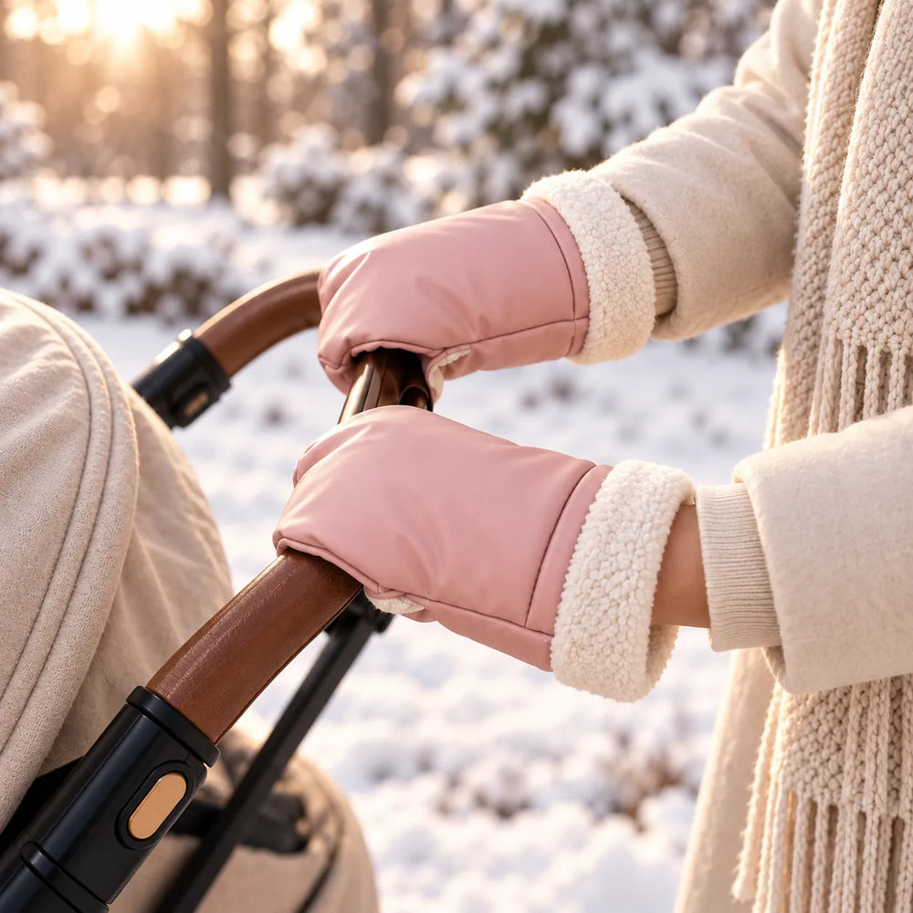 Lovelle Cosy Kinderwagen-Handwärmer in Rosa mit Teddy-Bündchen am Schieber im Schnee