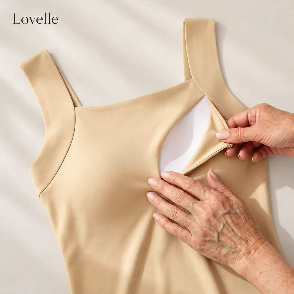 Lovelle Ease built-in bra tank in nude laid flat, the pocket with the removable padding opened