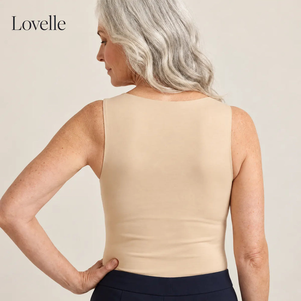 Lovelle Ease built-in bra tank in nude from the back – smooth back with no bra band or bulges