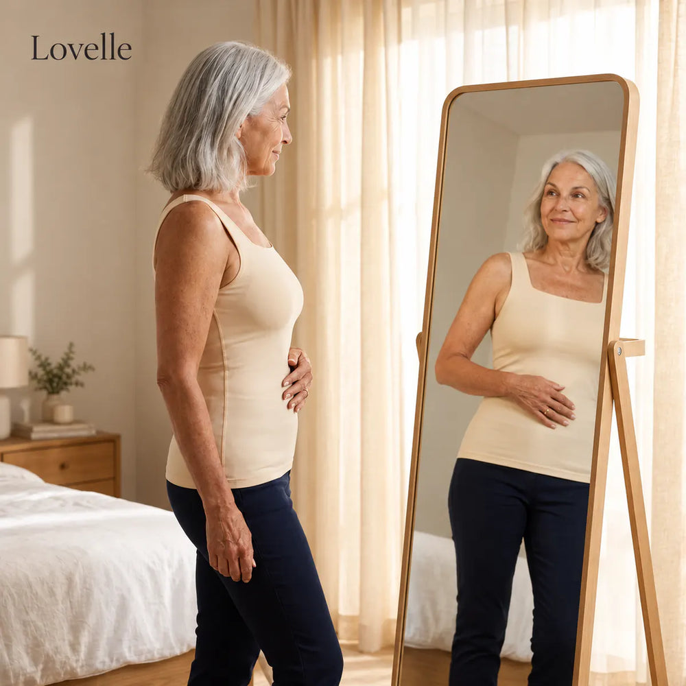 Woman in the Lovelle Ease built-in bra tank in nude in front of a bedroom mirror, smooth silhouette in profile