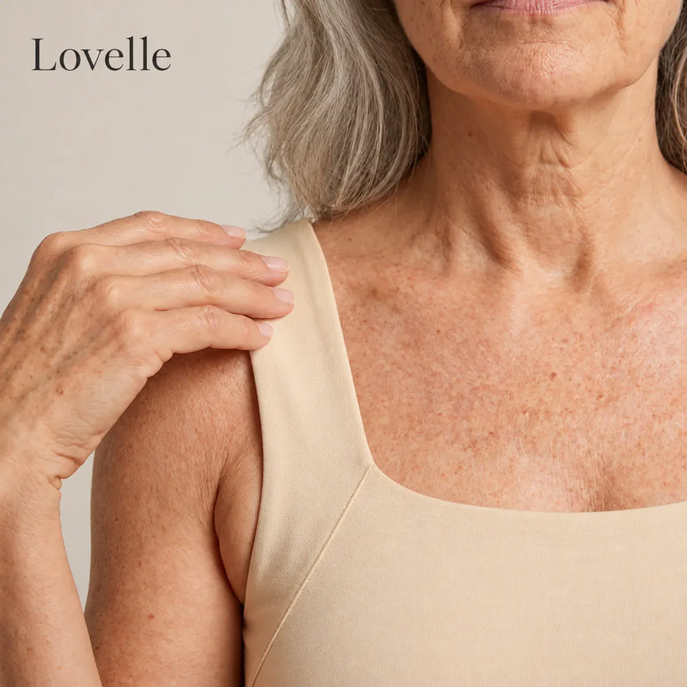 Close-up of the wide, soft strap on the Lovelle Ease built-in bra tank in nude
