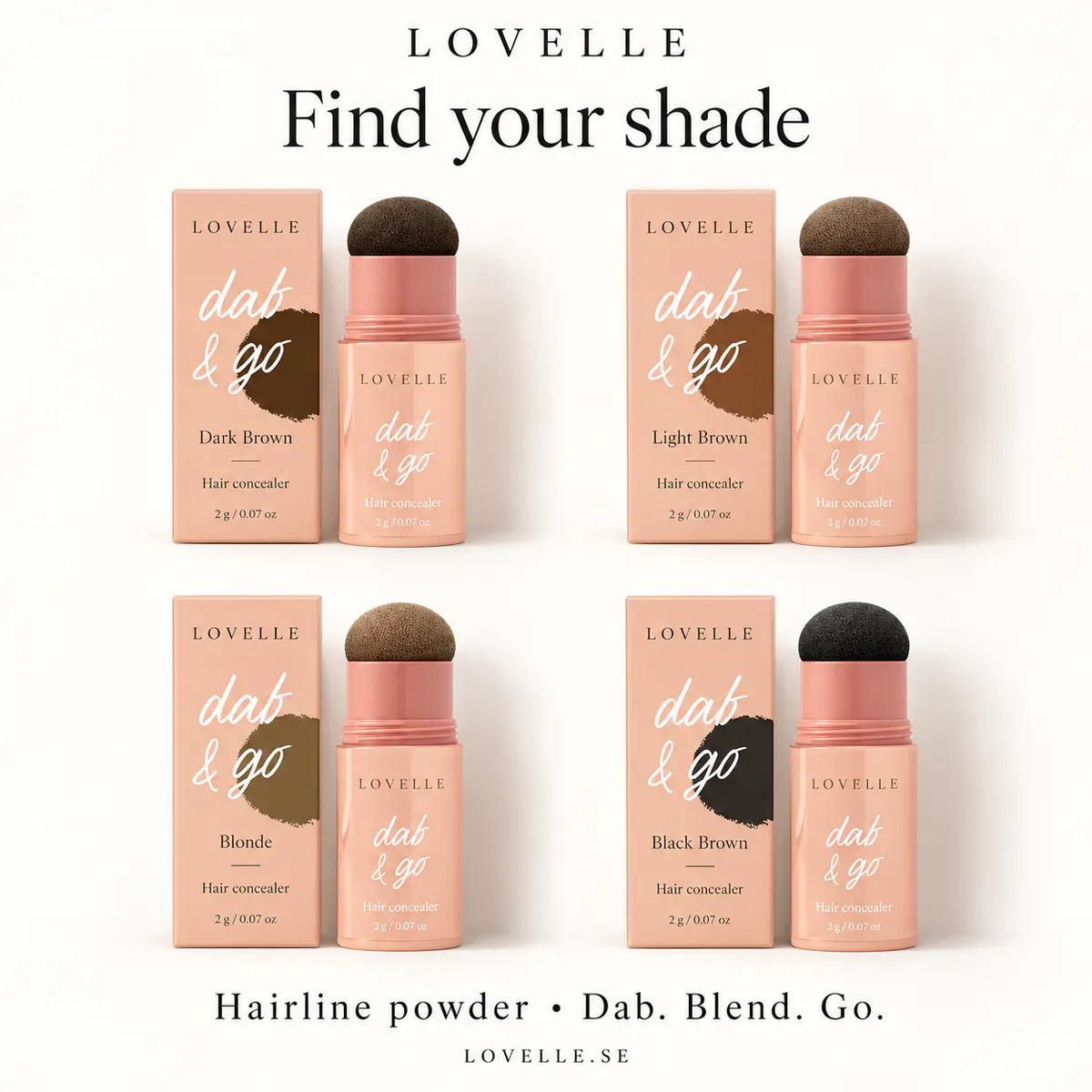 Alle vier Farbtöne von Lovelle Dab &amp; Go: Dark Brown, Light Brown, Blonde und Black Brown
