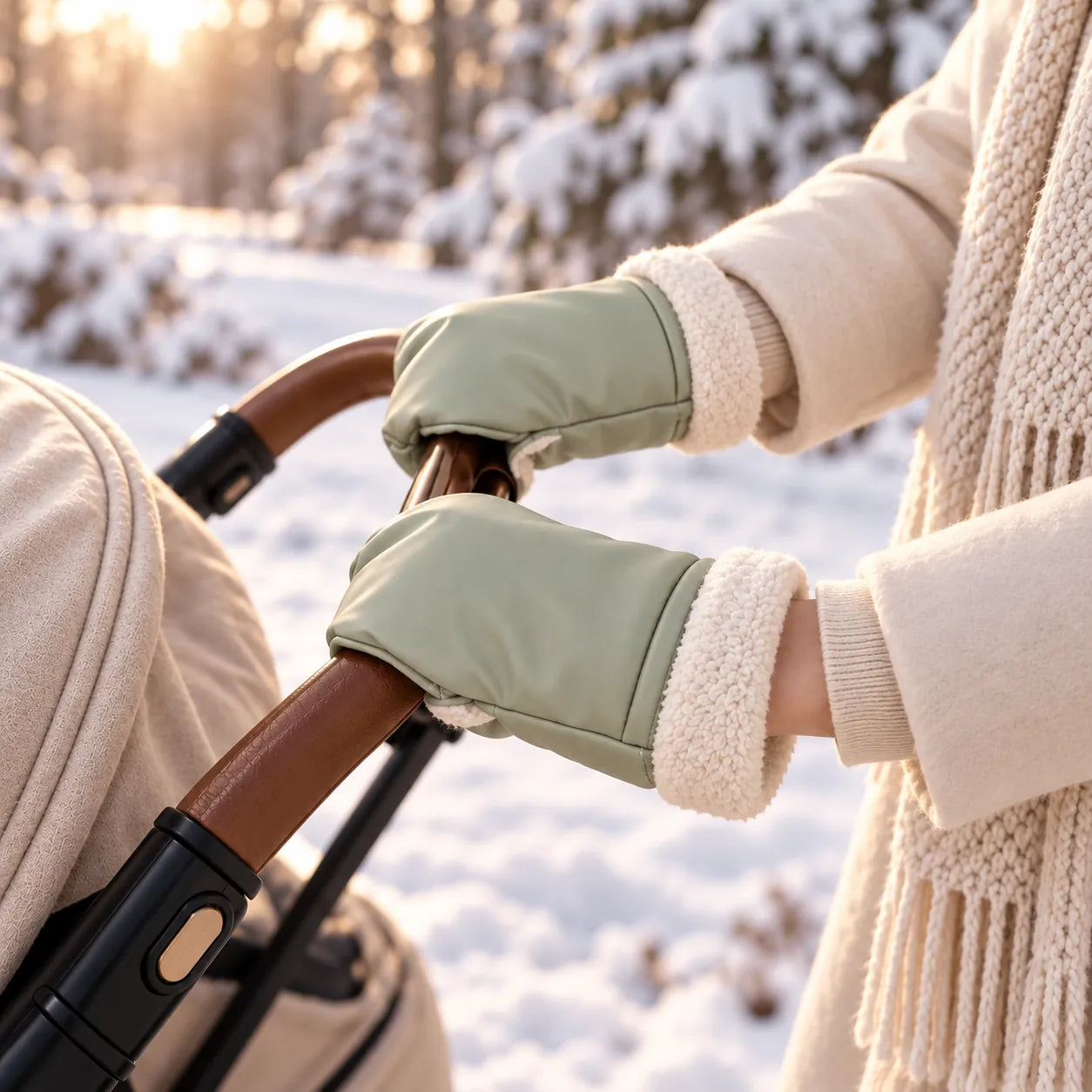 Lovelle Cosy Kinderwagen-Handwärmer in Salbeigrün an einem Kinderwagen im Schnee