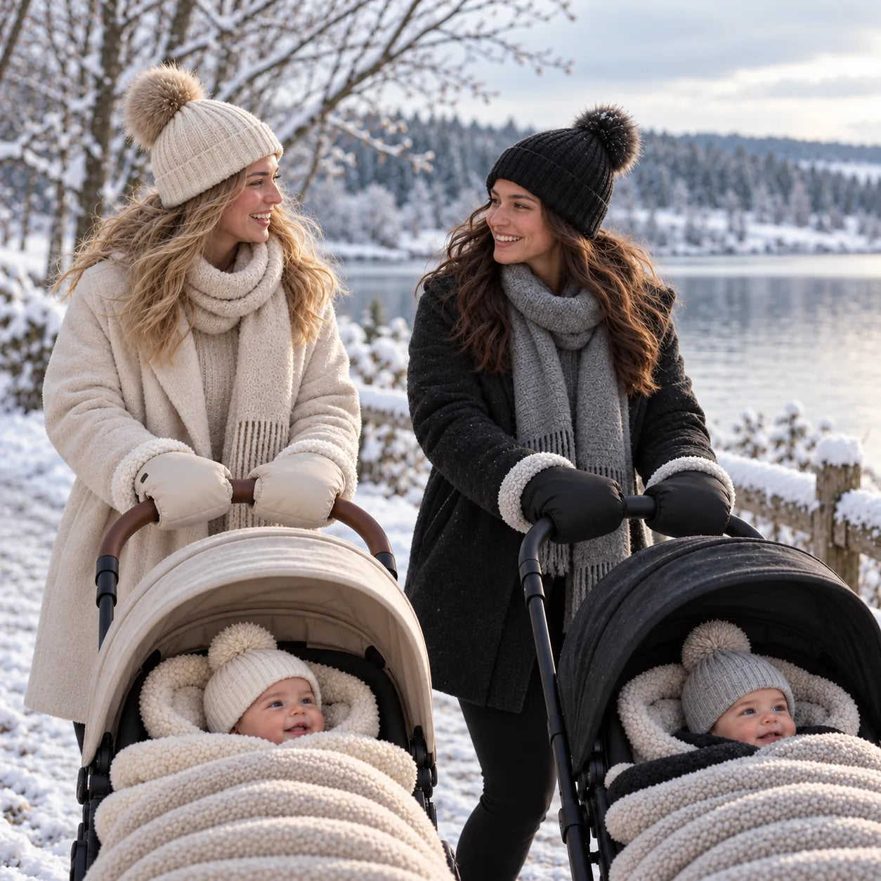 Zwei Mütter gehen mit ihren Kinderwagen an einem verschneiten See entlang – die eine mit beigen, die andere mit schwarzen Lovelle Cosy Handwärmern

